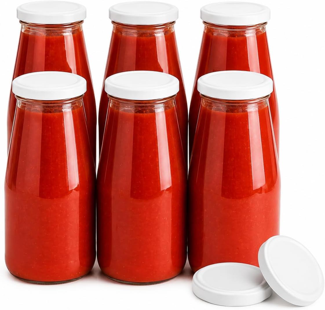 Vaso in Vetro per Passata 720 cc Ø 53 mm con Tappo Compreso Confezione 6 Pezzi Barattolo per Conserve Salsa Pomodoro Marmellata - Lemag srl