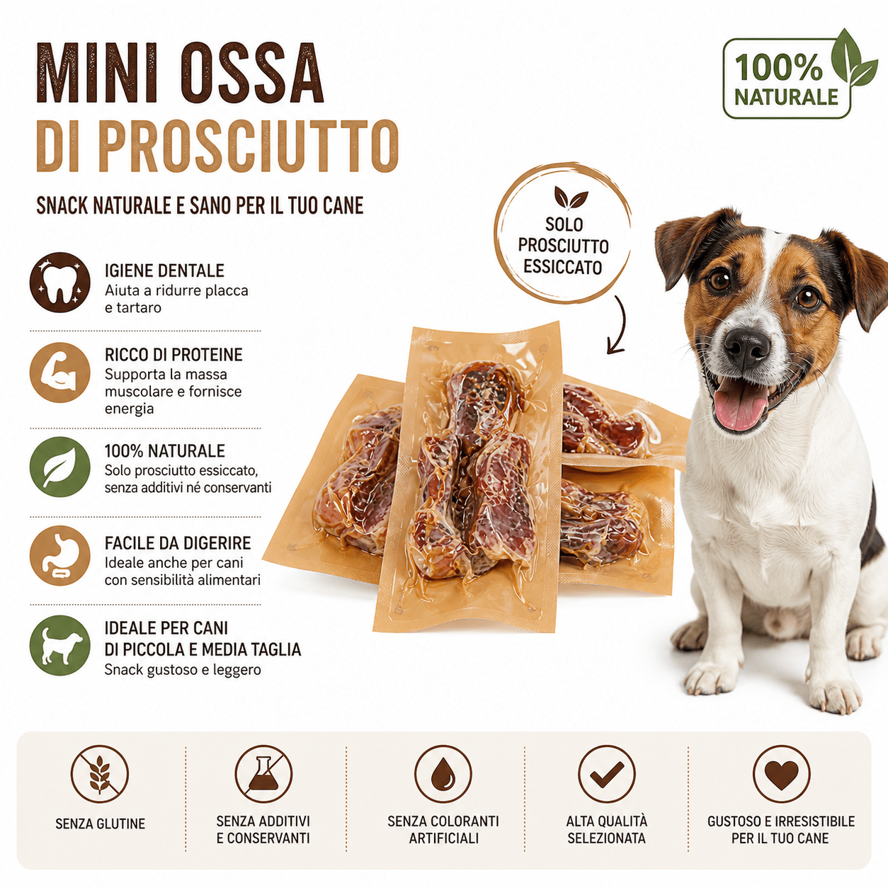 Snack per Cani Mini Ossa di Prosciutto 5 Confezioni da 90 g Naturale Masticativo - Lemag srl