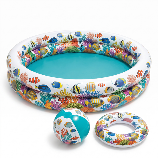 Set piscinetta gonfiabile per bambini con palla e salvagente abbinati con fantasia barriera corallina.