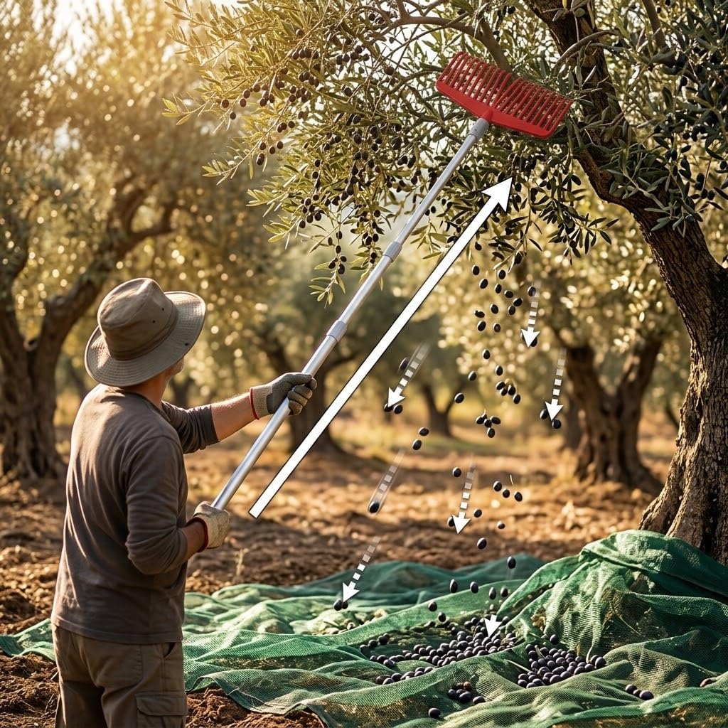 Utilizzo del kit raccolta olive con scopa telescopica e rete antispina distesa sotto l'albero durante la raccolta.