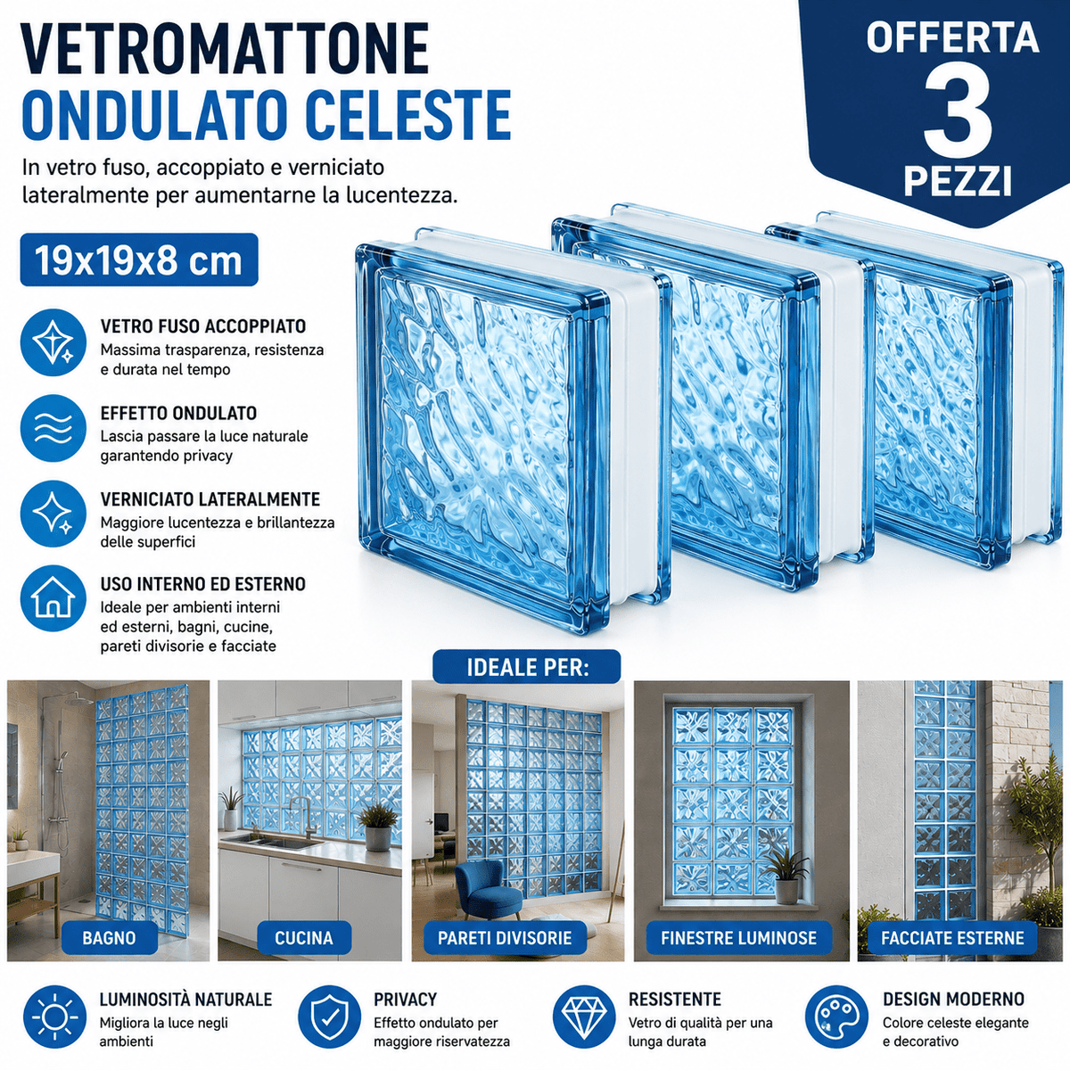Set da 3 pezzi di vetromattone celeste ondulato 19x19x8 cm per pareti divisorie decorative di bagno e cucina interni ed esterni.