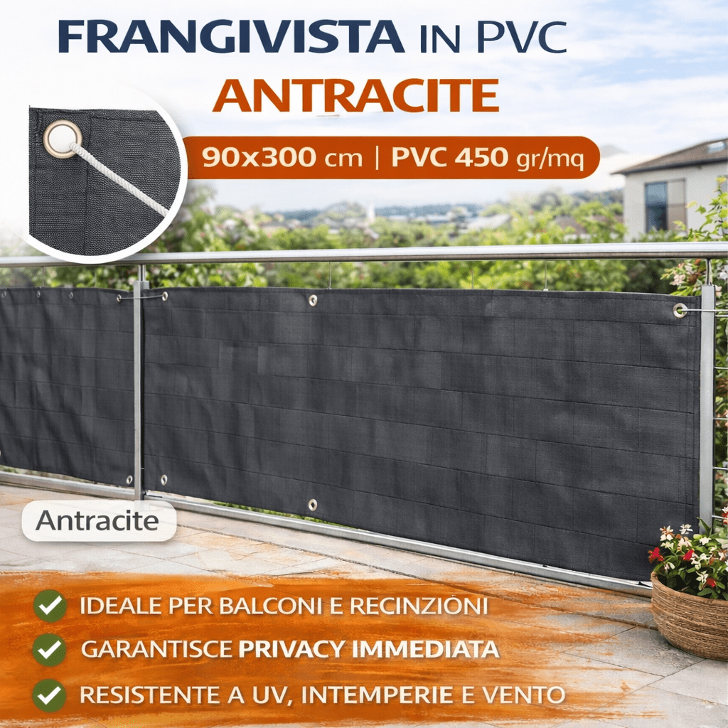 Frangivista PVC Cardinale 90x300 cm con Occhielli e Corda Privacy Balcone - Lemag srl