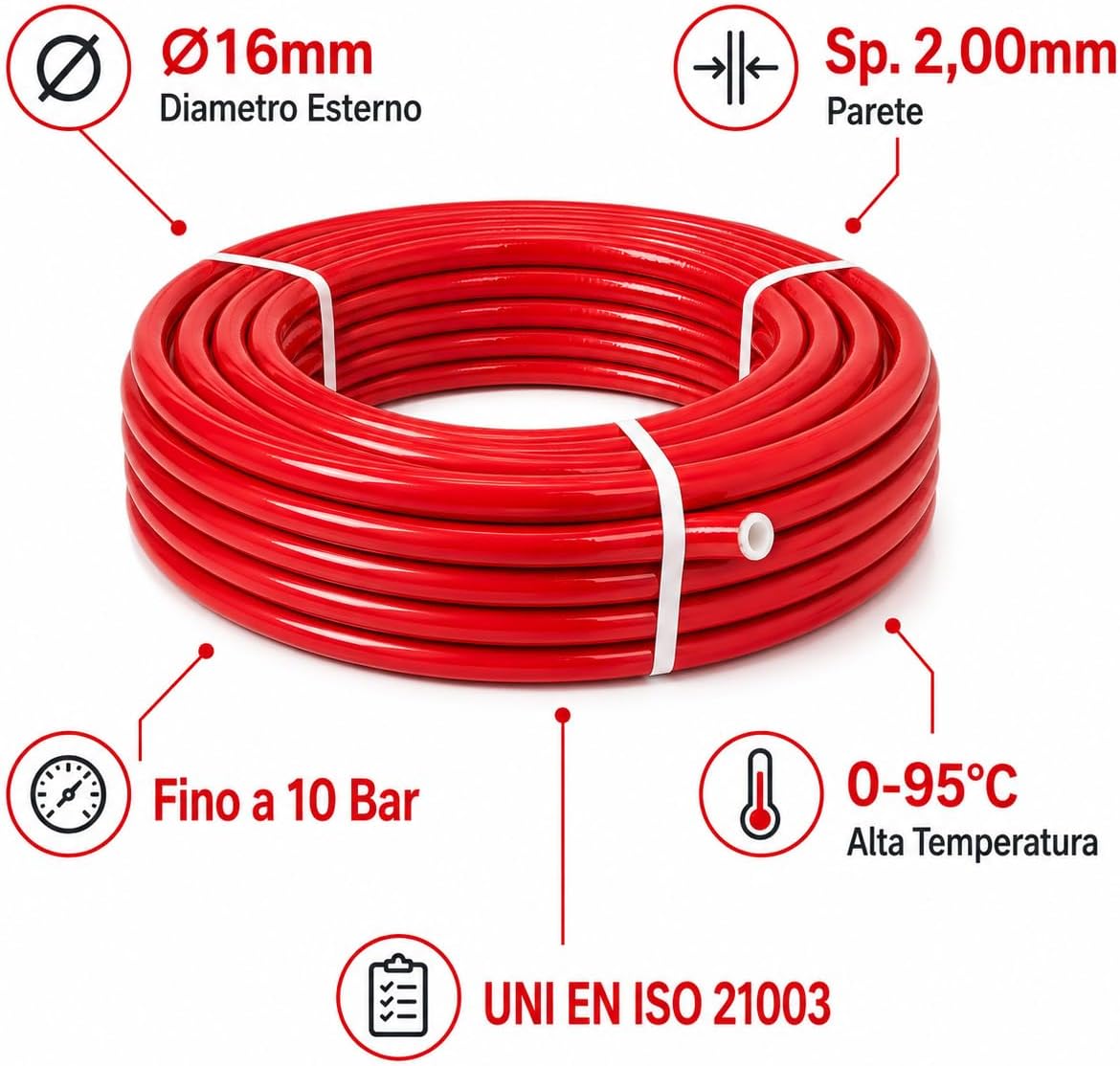 Tubo Multistrato PE-RT/AL/PE-RT Ø16x2mm Rotolo – Rivestimento Rosso Acqua Calda | Impianti Riscaldamento ACS Pannelli Radianti | Alta Pressione e Temperatura | Made in Italy - Lemag srl