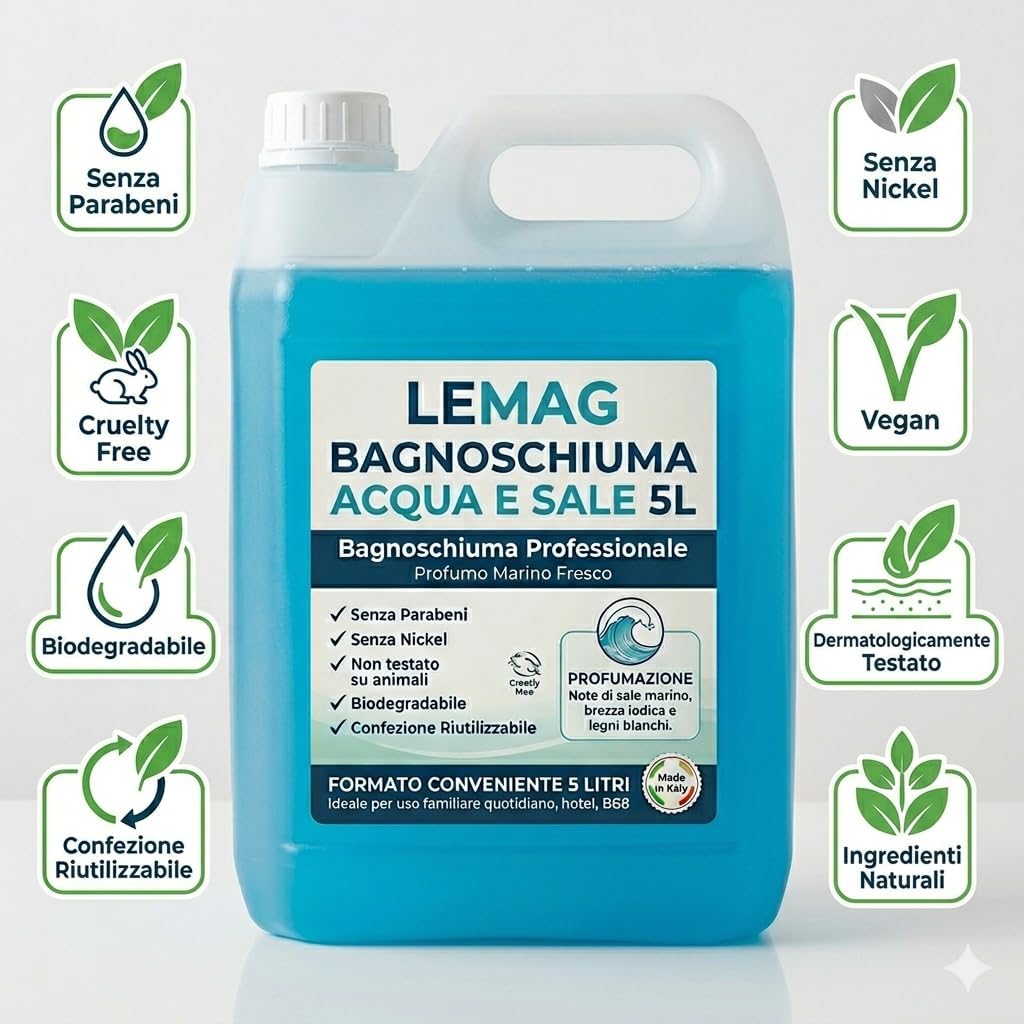 Bagnoschiuma Acqua e Sale 5 Litri — Docciaschiuma Profumo Marino Fresco con Note di Sale e Brezza Iodica, Senza Parabeni e Nickel, Biodegradabile, Cruelty Free — Made in Italy - Lemag srl
