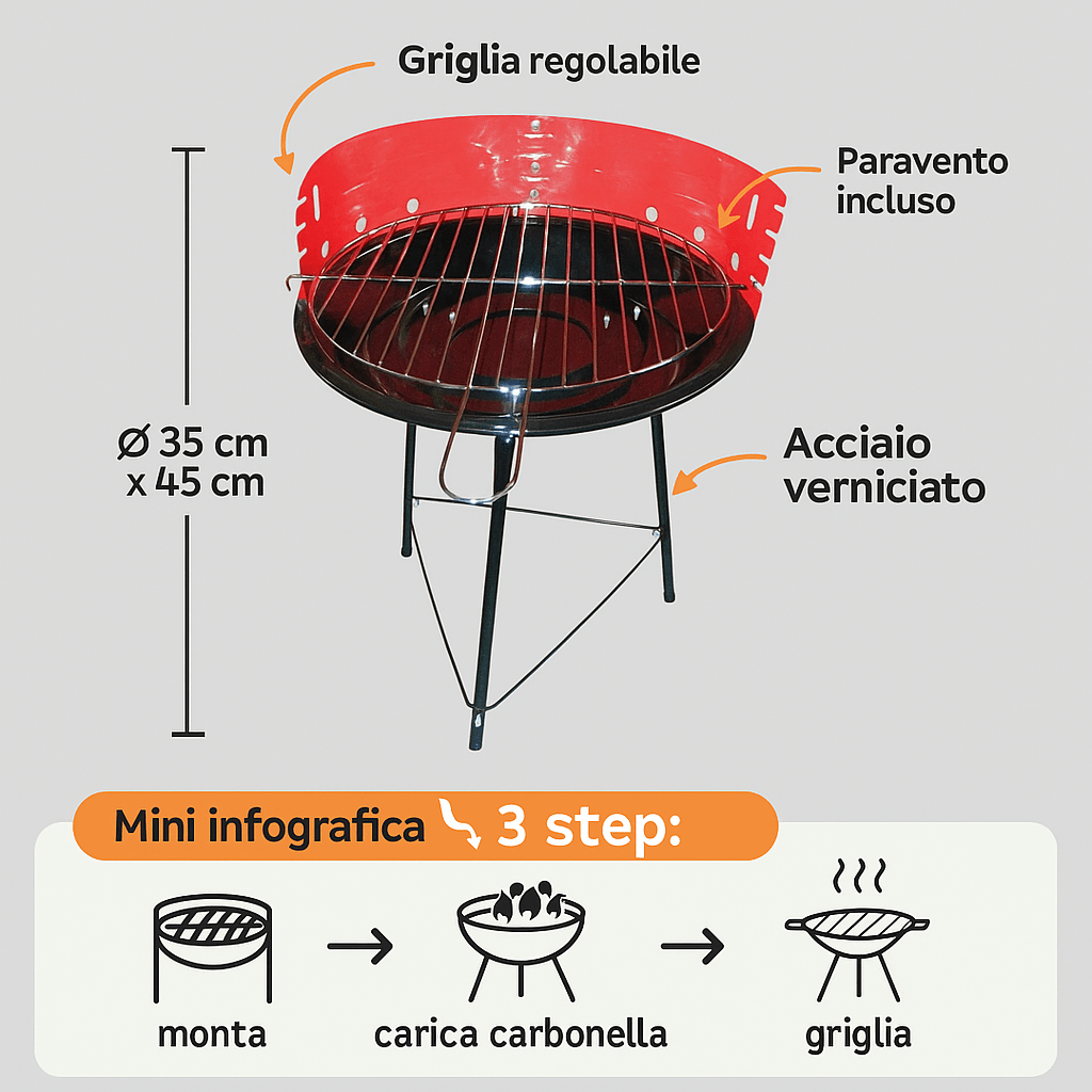 Barbecue a Carbonella ECO Ø35x45 cm Lemag – Griglia Regolabile e Paravento - Lemag srl