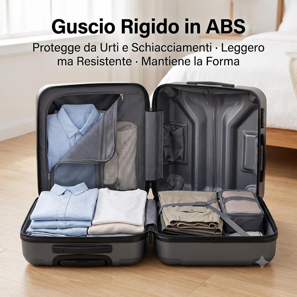 Interno organizzato di un trolley cabina rigido abs aperto con vestiti ordinati.