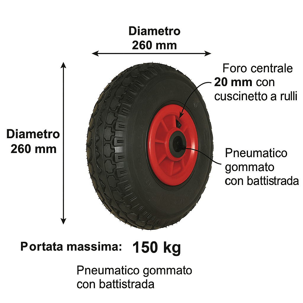 2 Ruote Pneumatiche Ø260 mm per Carrello | Cerchio Plastica – Foro 20 mm – Lemag - Lemag srl