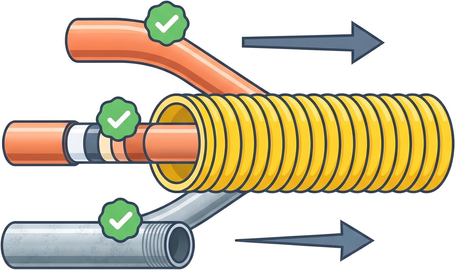 Schema di installazione del tubo spiralato giallo per gas per il rivestimento protettivo di tubi in rame e acciaio.