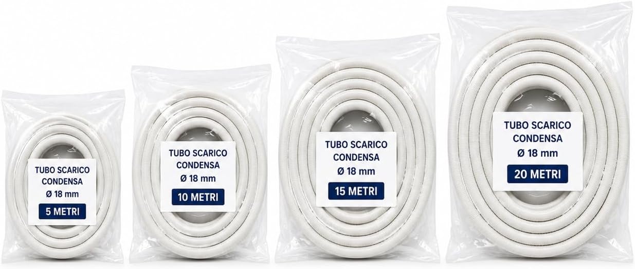 Tubo scarico condensa climatizzatore flessibile da 18 mm, disponibile in matasse da 5, 10, 15 e 20 metri.