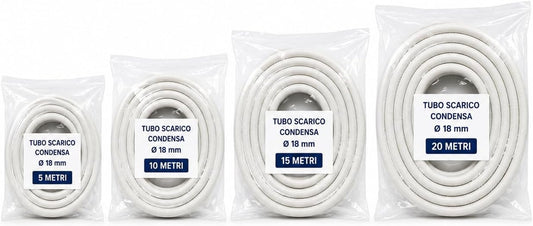 Tubo scarico condensa climatizzatore flessibile da 18 mm, disponibile in matasse da 5, 10, 15 e 20 metri.