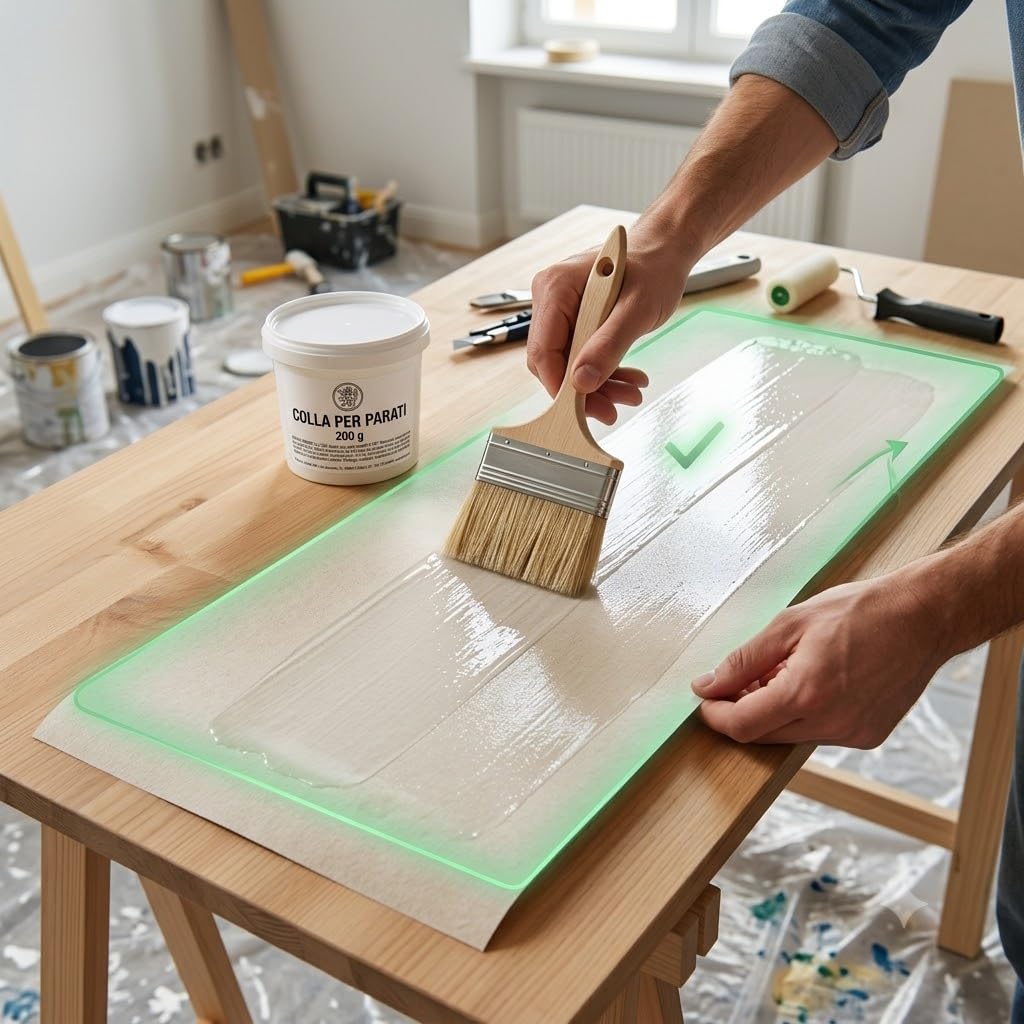 Applicazione precisa di colla per carta da parati in polvere con pennello su un pannello per interni.
