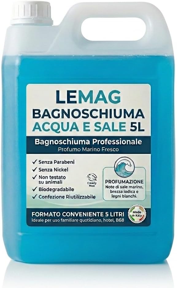 Bagnoschiuma Acqua e Sale 5 Litri — Docciaschiuma Profumo Marino Fresco con Note di Sale e Brezza Iodica, Senza Parabeni e Nickel, Biodegradabile, Cruelty Free — Made in Italy - Lemag srl