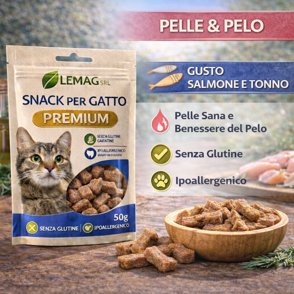 Snack per Gatto Premium 5 Confezioni da 50 g Senza Glutine Ipoallergenico Ricompensa LEMAG SRL - Lemag srl