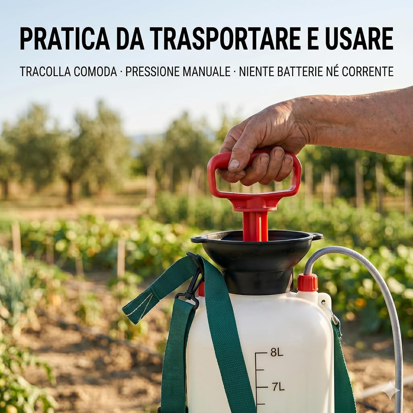 Pompa a Pressione 8 Litri – Vaporizzatore Irroratore Manuale con Lancia in Fibra di Vetro 44 cm e Tubo 130 cm – Nebulizzatore per Trattamenti Piante Orto e Grandi Superfici - Lemag srl