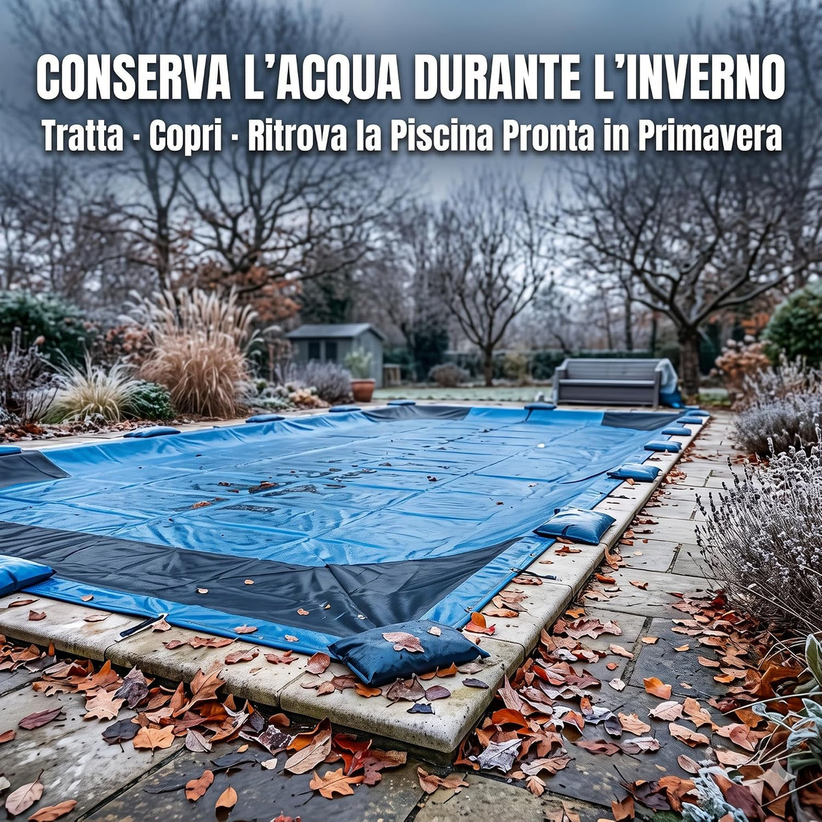 Piscina esterna coperta in inverno con foglie secche, trattata con svernante liquido per piscine.