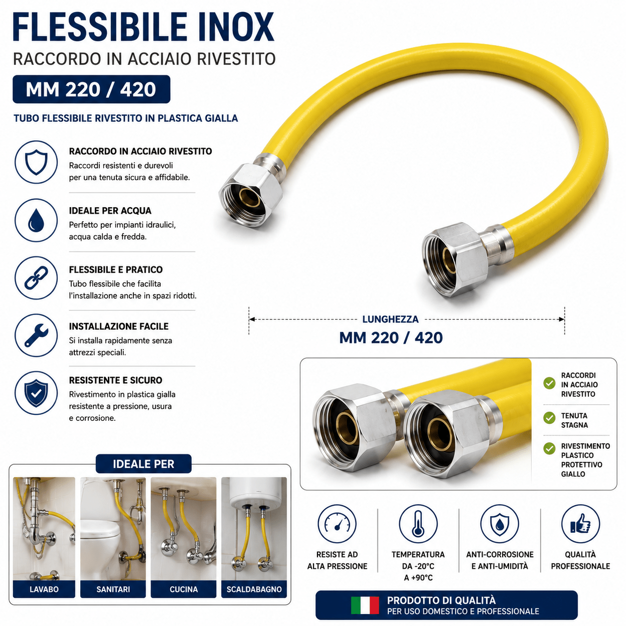 Flessibile Inox con Raccordo in Acciaio Rivestito MM 220/420 Tubo Flessibile per Acqua Collegamento Idraulico Alta Resistenza - Lemag srl