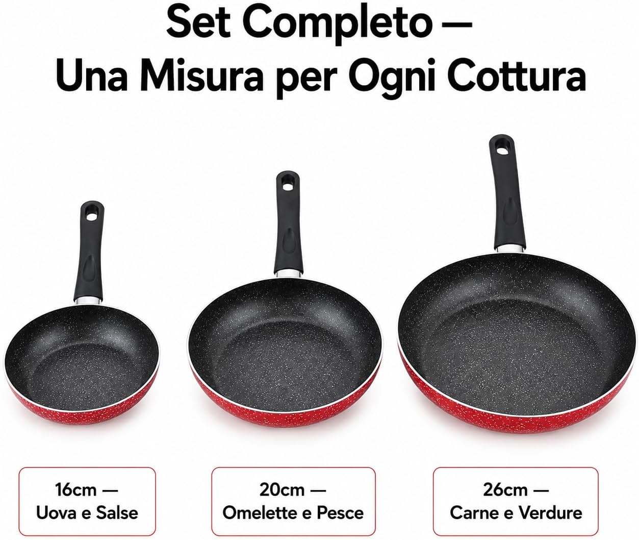 Set 3 Padelle Antiaderenti Casaconté 16-20-26cm – Spessore 1,4mm | Alluminio | Tre Misure per Ogni Cottura | Manico Ergonomico | Set Cucina Completo | Made in Italy - Lemag srl