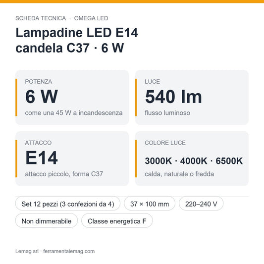 Lampadine LED E14 Candela C37 6W 540 lm – Set 12 Pezzi – Luce Calda, Naturale o Fredda - Lemag srl