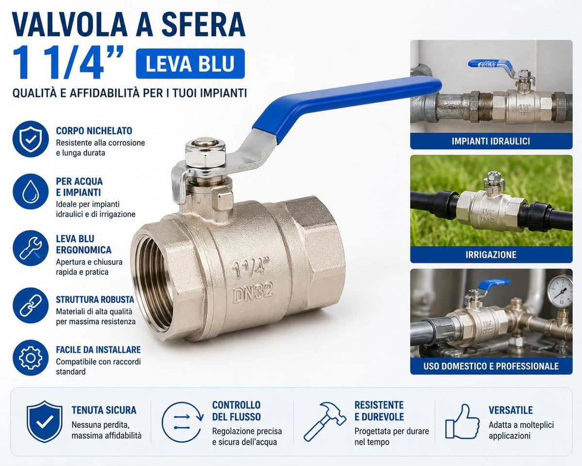 Valvola a Sfera 1 1/4” con Leva Blu Rubinetto Nichelato per Acqua e Impianti Idraulici LEMAG SRL - Lemag srl