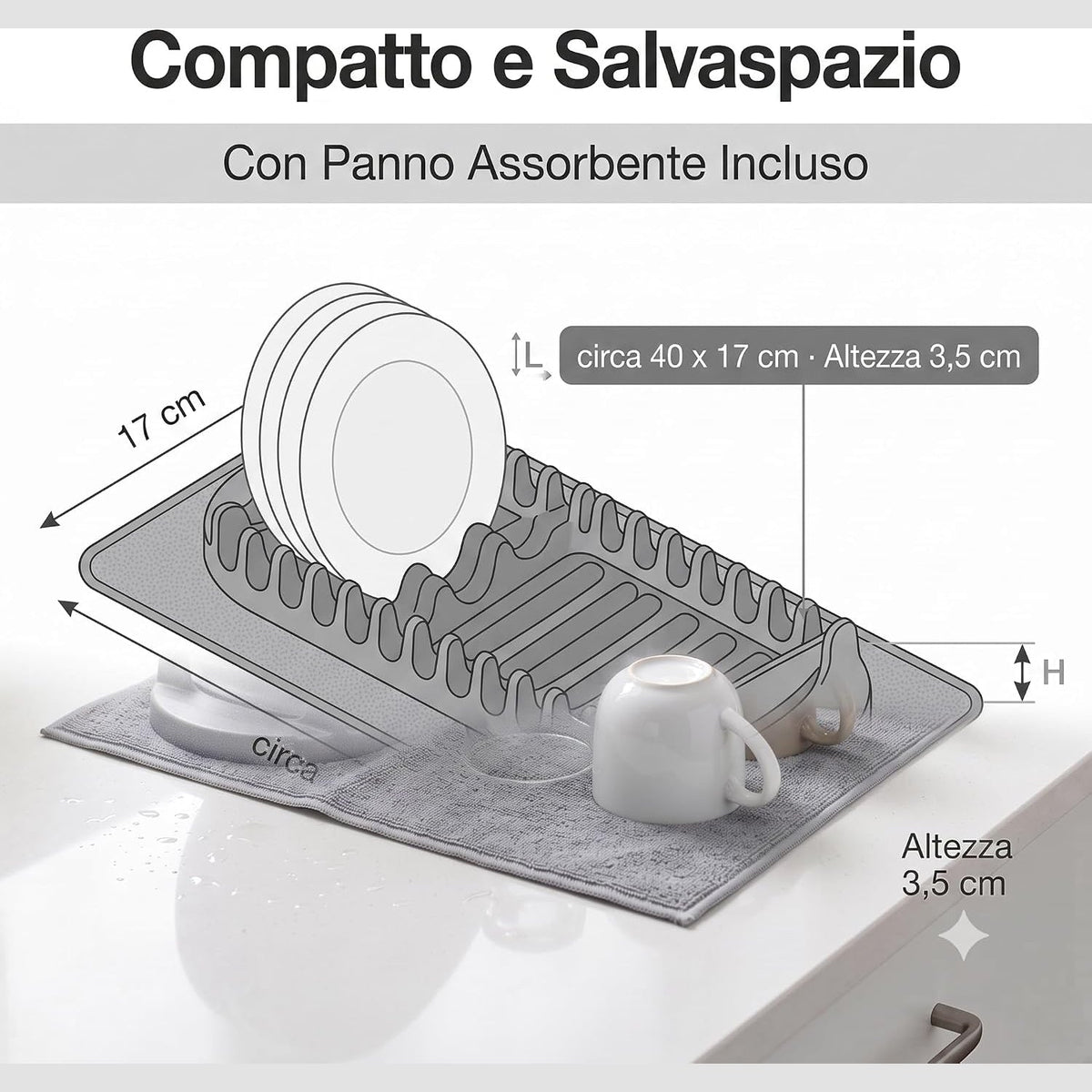 Dettaglio dimensioni dello scolapiatti con tappetino in microfibra grigio, modello compatto e salvaspazio per cucina.