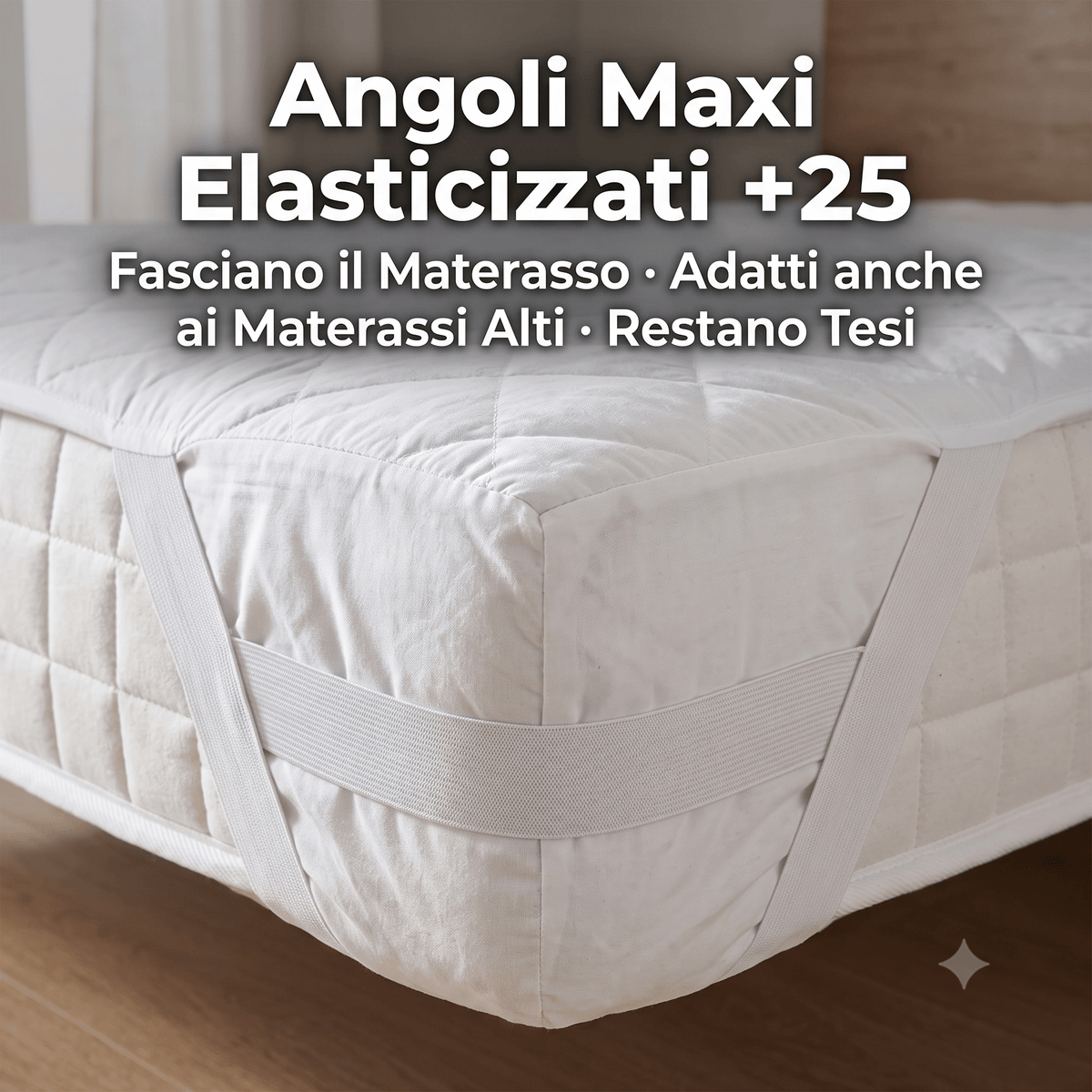 Dettaglio del coprimaterasso singolo 90x200 con angoli maxi elasticizzati +25 che restano tesi.