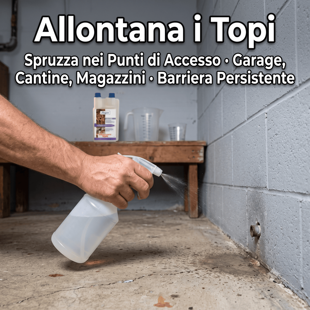 Un uomo spruzza il disabituante per topi nei punti di accesso di un garage per creare una barriera persistente contro i roditori.