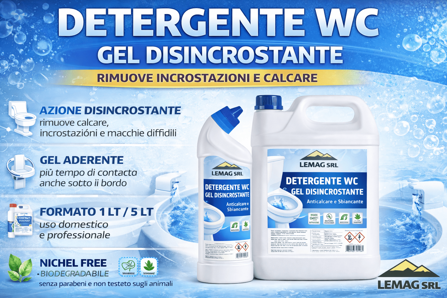 Bagno Gel WC Disincrostante – Anticalcare e Sbiancante – Nichel Free e Biodegradabile - Lemag srl