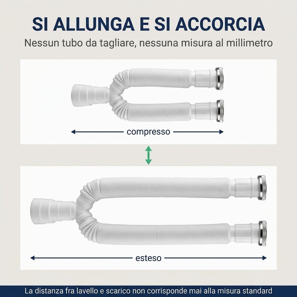 Sifone eccentrico lavabo con tubo flessibile estensibile e comprimibile per regolare la lunghezza dello scarico.