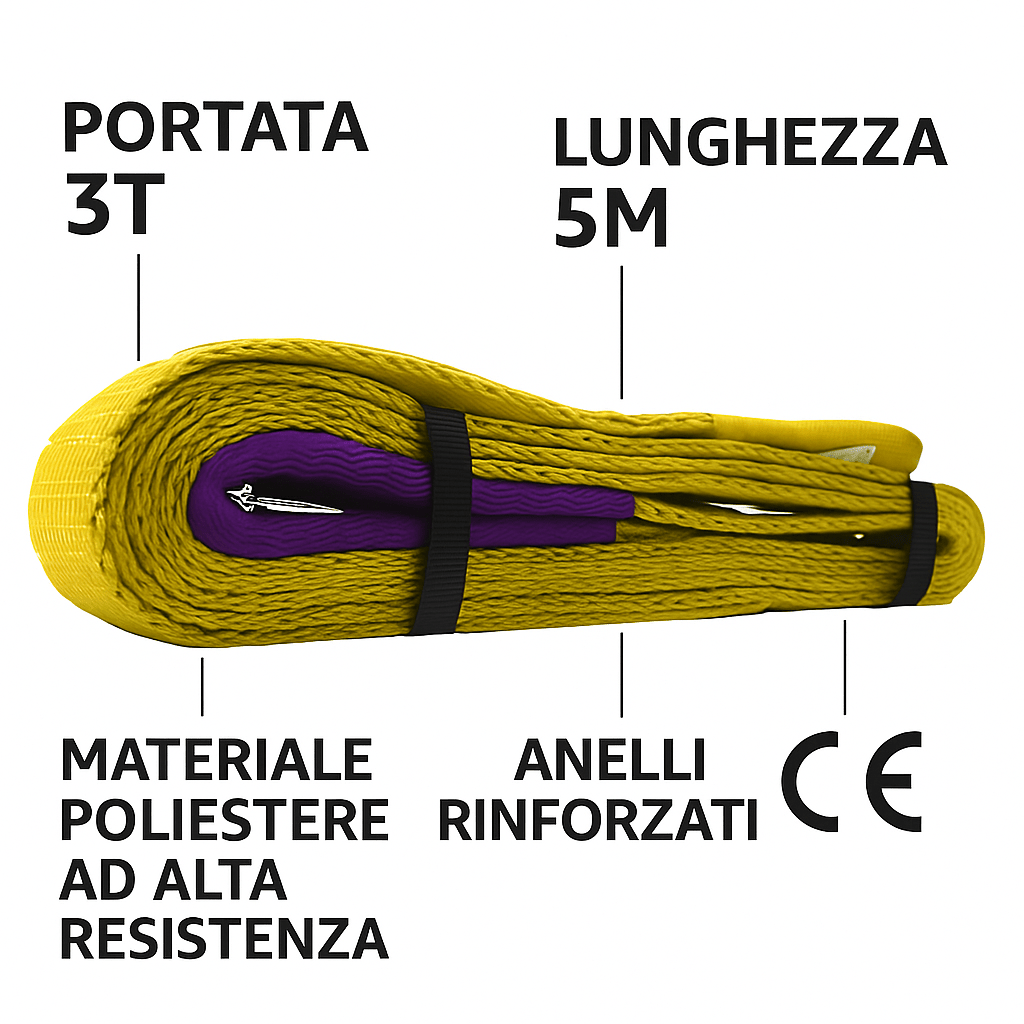 Fascia di Sollevamento 3 Ton 5 m – Cintura Poliestere Resistente con Anelli - Lemag srl