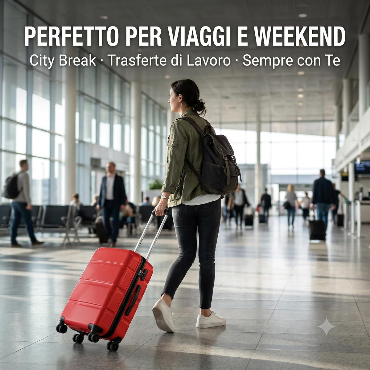 Donna in aeroporto con trolley cabina rigido abs rosso, bagaglio a mano Lemag perfetto per weekend e viaggi di lavoro.