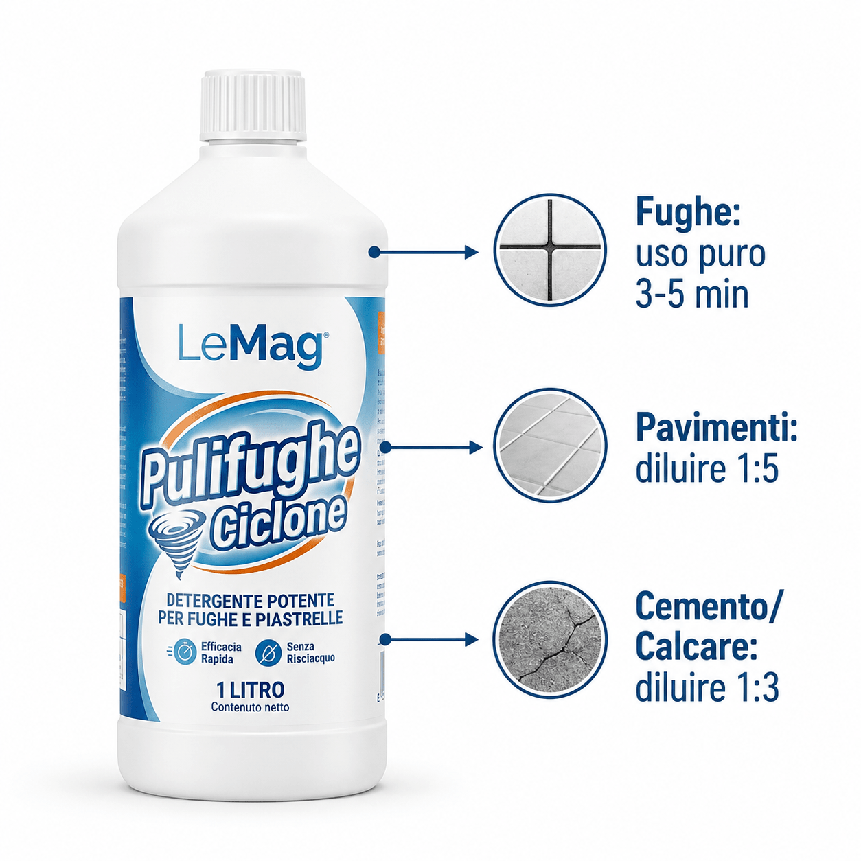 Ciclone 1L – Detergente Acido Professionale per Fughe e Pavimenti | Rimuove Calcare, Cemento e Incrostazioni | Pulizia Profonda Fughe, Gres, CeramicaCiclone 1L – Detergente Acido Professionale per Fughe e Pavimenti - Lemag srl