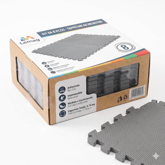 Kit Lemag da 8 pezzi: tappeto sottofondo piscina fuori terra a incastro grigio, morbido e antiscivolo per la protezione del fondo.