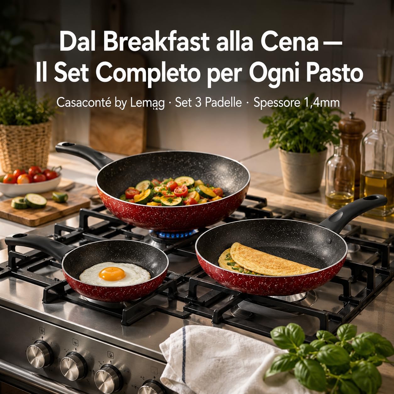 Set 3 Padelle Antiaderenti Casaconté 16-20-26cm – Spessore 1,4mm | Alluminio | Tre Misure per Ogni Cottura | Manico Ergonomico | Set Cucina Completo | Made in Italy - Lemag srl