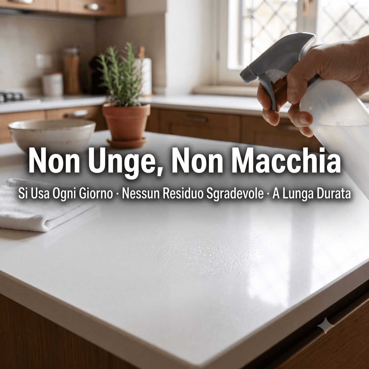 Spray disabituante scorpioni applicato su un piano cucina pulito: non unge, non macchia e non lascia residui.