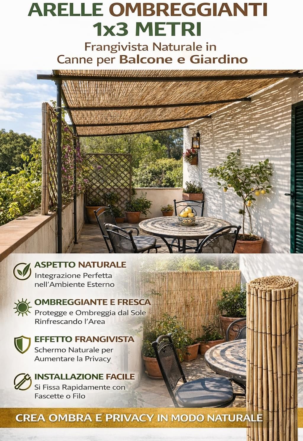 Arella Ombreggiante 1x3 m in Canne Naturali Frangivista per Balcone Giardino - Lemag srl