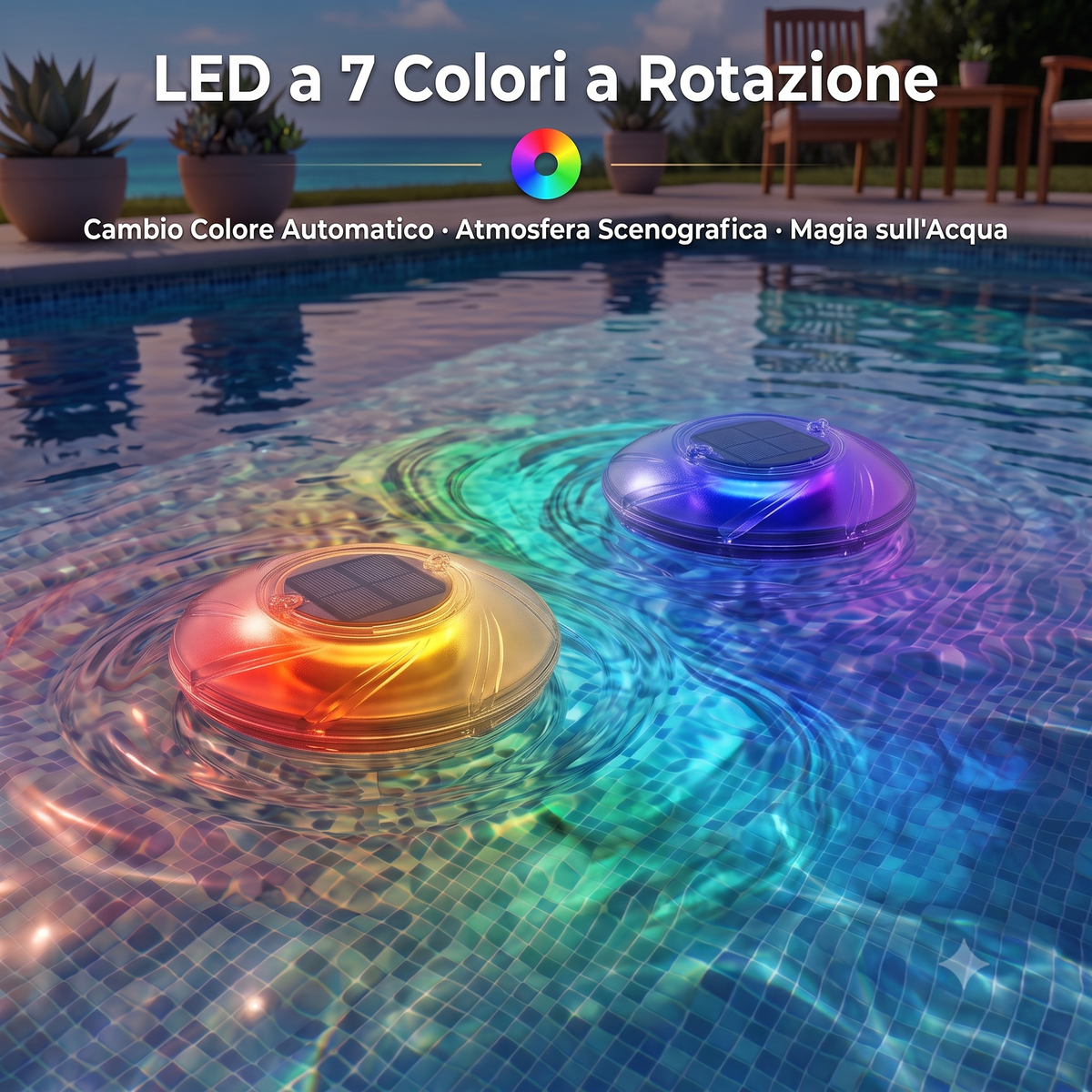 Set di due lampade solari galleggianti piscina con LED a 7 colori a rotazione automatica per illuminare l'acqua.