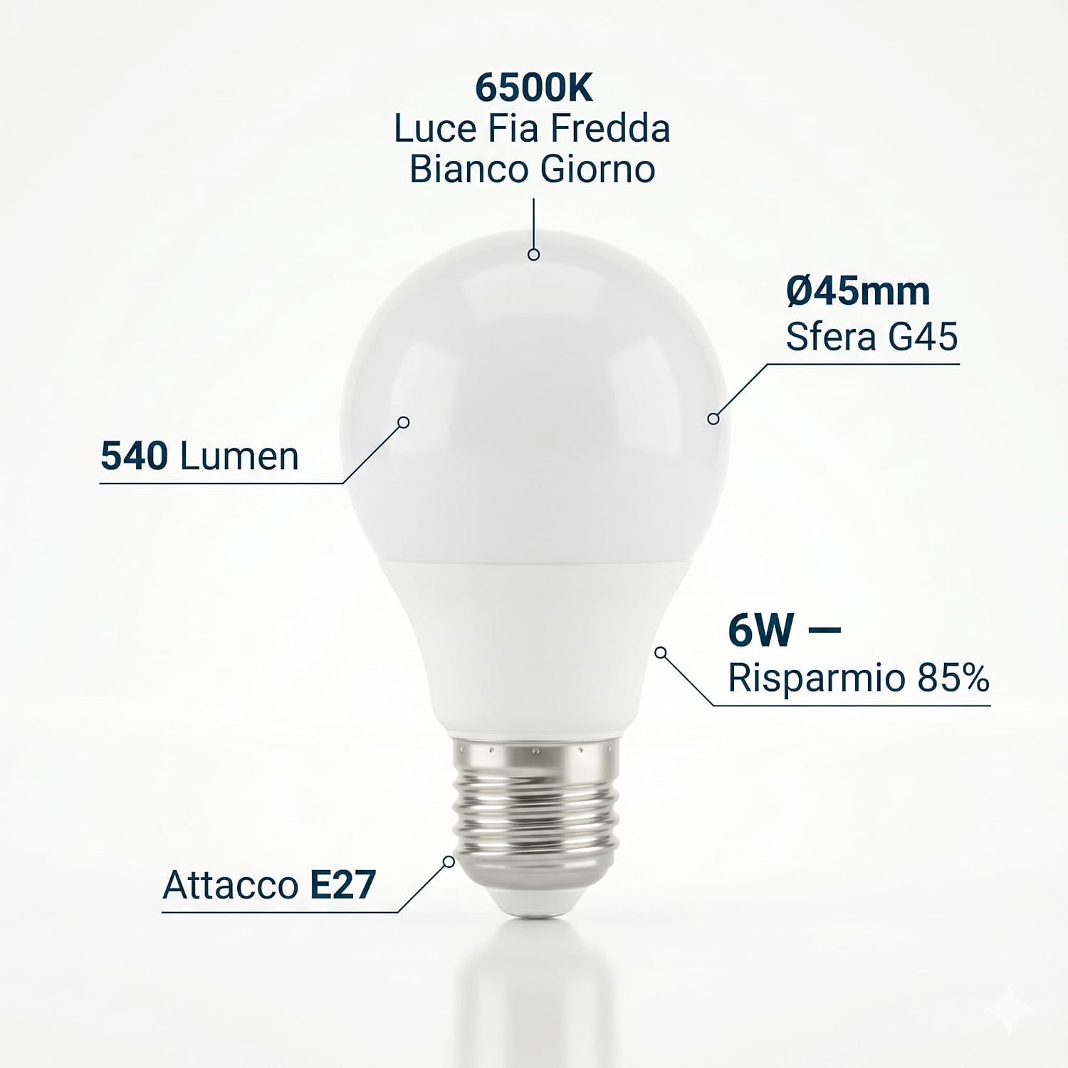 Set 6 Lampadine LED Sfera G45 6W E27 – 540lm | Luce Fredda Bianco Giorno 6500K | Risparmio Energetico | Attacco E27 | Garage Bagno Studio Ufficio | Made in Italy - Lemag srl