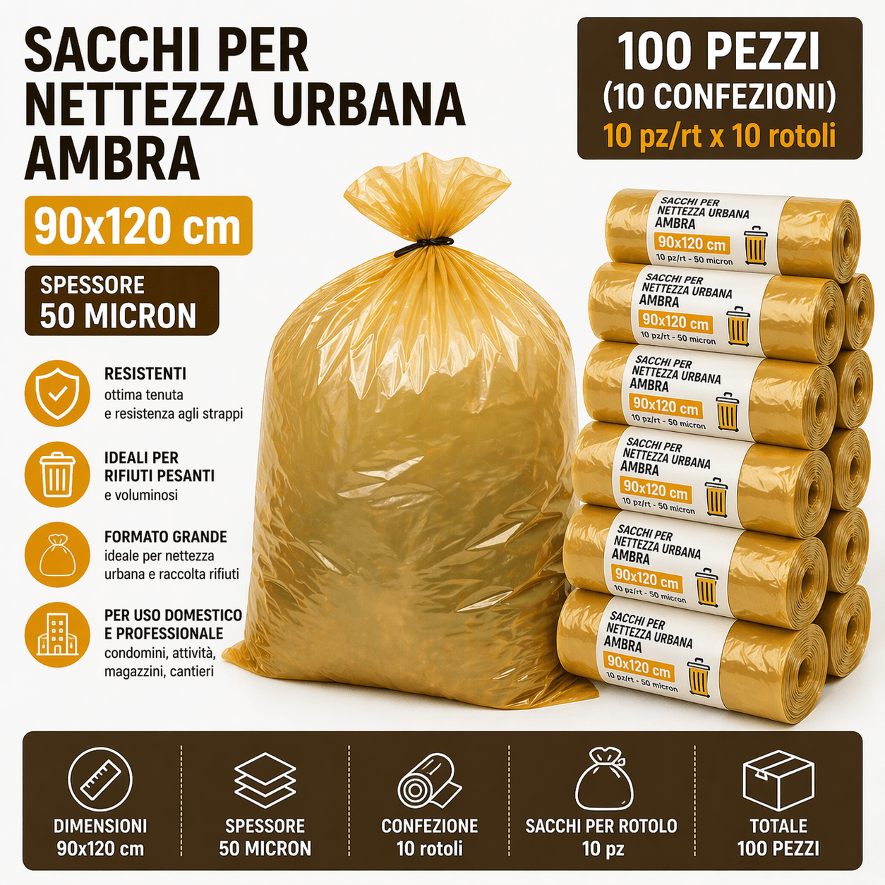 Sacchi Nettezza Urbana Ambra 90x120 50 Micron 100 Pezzi - Lemag srl