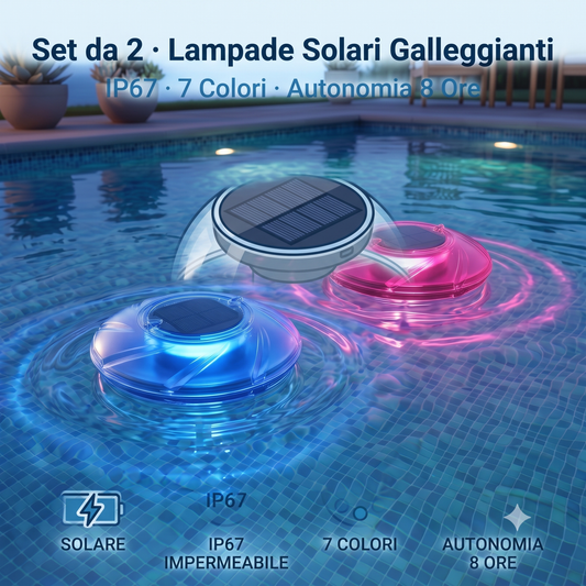 Set di 2 lampade solari galleggianti per piscina a LED impermeabili IP67 con sfere luminose a 7 colori.