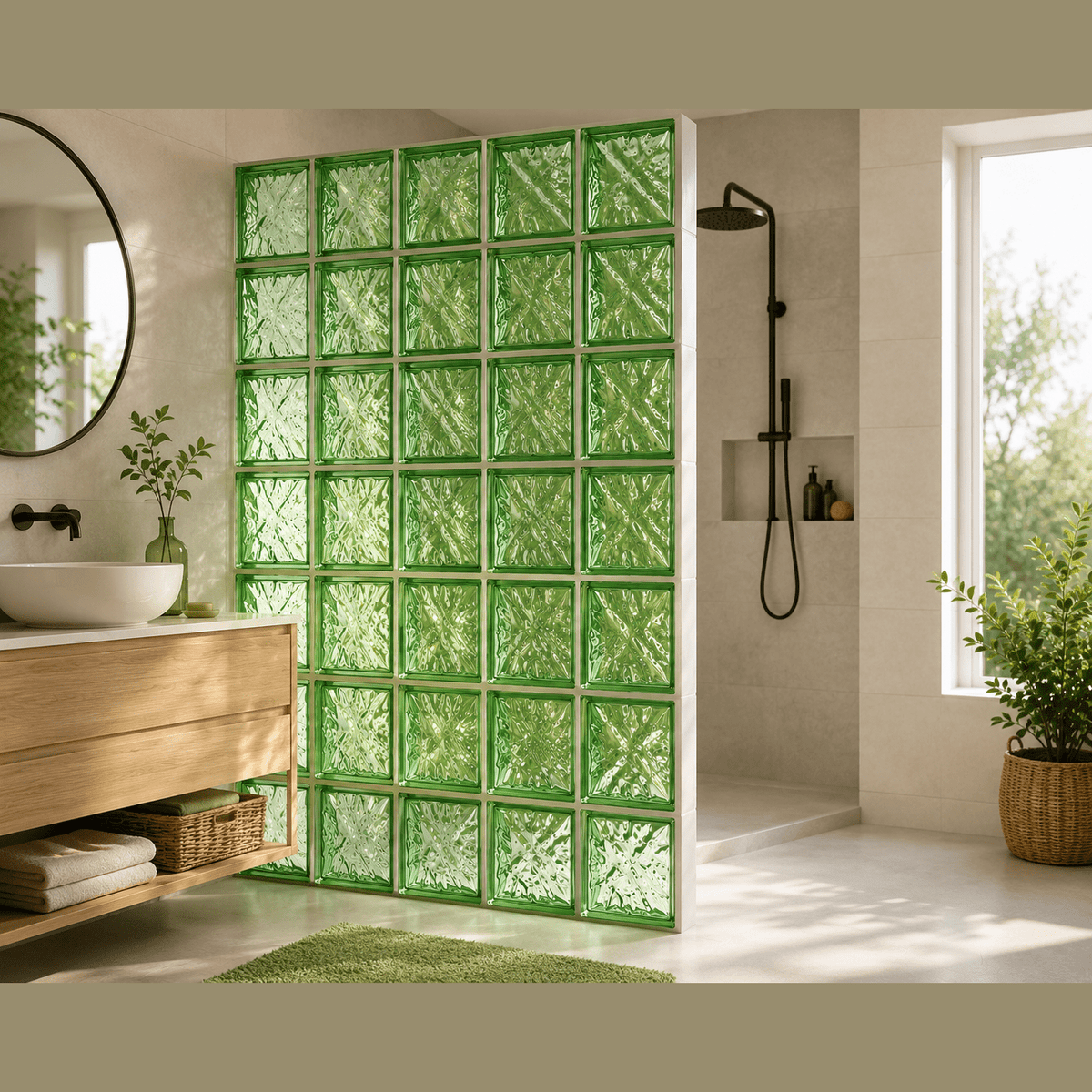 Parete divisoria in vetromattone verde ondulato per la doccia in un bagno moderno.