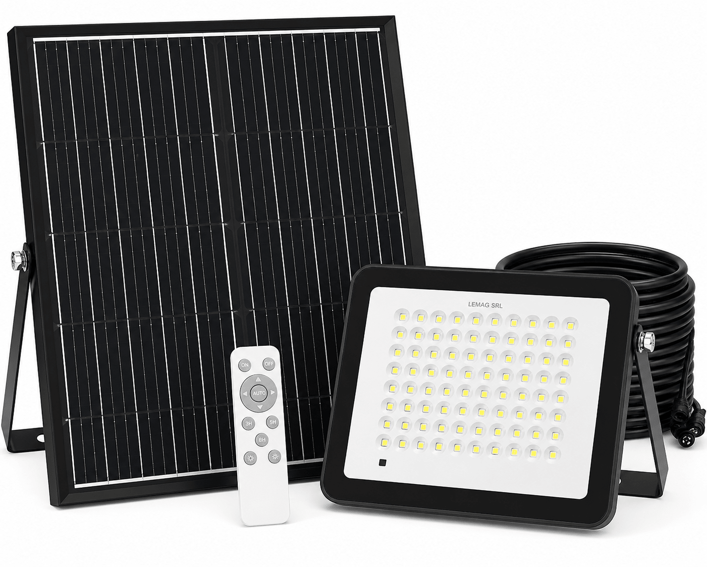 Faretto Pro Solare 3600LM IP65 4000K 154 LED 20W Equiv. 300W con Pannello 35W Batteria LiFePO4 Telecomando - Lemag srl