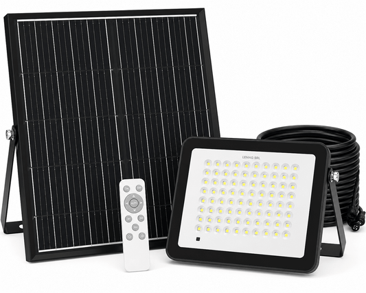 Faretto Pro Solare 3600LM IP65 4000K 154 LED 20W Equiv. 300W con Pannello 35W Batteria LiFePO4 Telecomando - Lemag srl