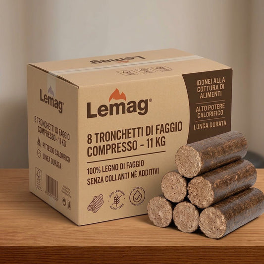 Tronchetti di Faggio Compresso 8 Pezzi 11 Kg - 100% Legno di Faggio Senza Collanti ne Additivi - Idonei alla Cottura di Alimenti - Forni Pizza, Barbecue, Stufe e Camini - Lemag srl