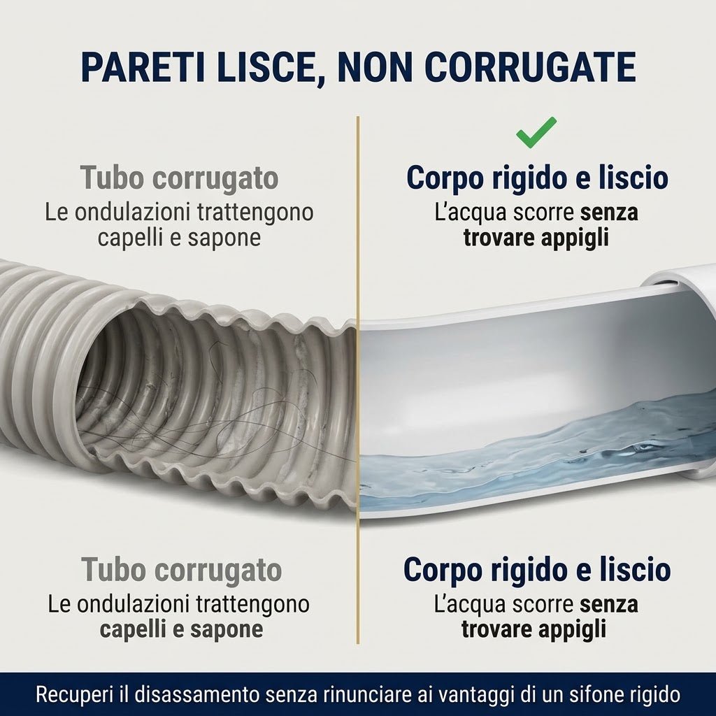 Vantaggi del sifone eccentrico lavabo con interno rigido e liscio autopulente rispetto a un comune tubo corrugato.
