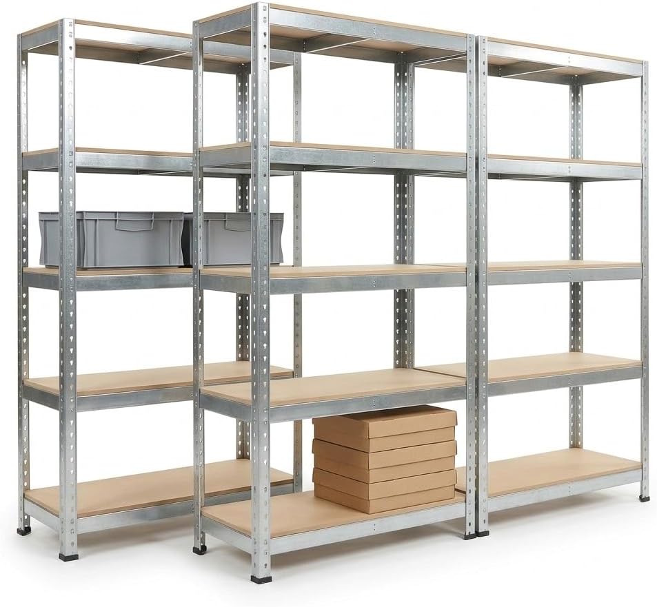 Set di 3 scaffali metallici carichi pesanti zincati a 5 ripiani per organizzare garage e cantina.