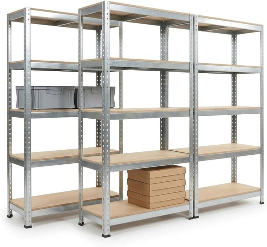 Set di 3 scaffali metallici carichi pesanti zincati a 5 ripiani per organizzare garage e cantina.