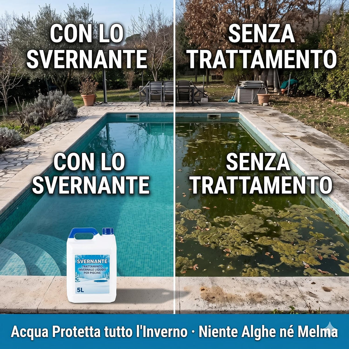 Confronto tra piscina pulita con svernante liquido per piscine e piscina sporca piena di alghe senza trattamento invernale.