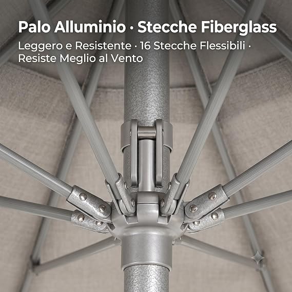 Struttura interna con 16 stecche in fiberglass e palo in alluminio dell'ombrellone da spiaggia 240 cm.