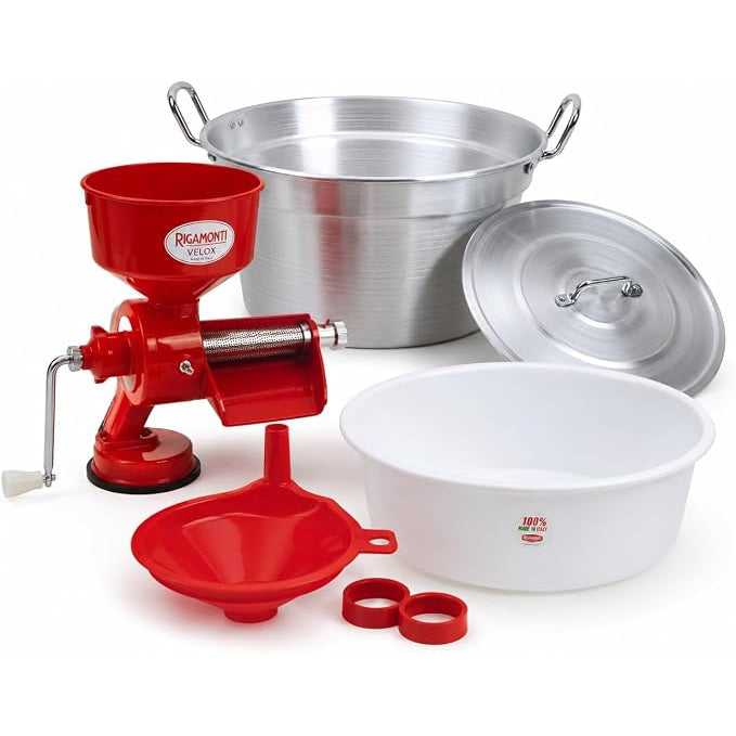Kit passata di pomodoro da 5 pezzi con passapomodoro manuale Rigamonti, caldaia in alluminio, bacinella, imbuto e riduttori.