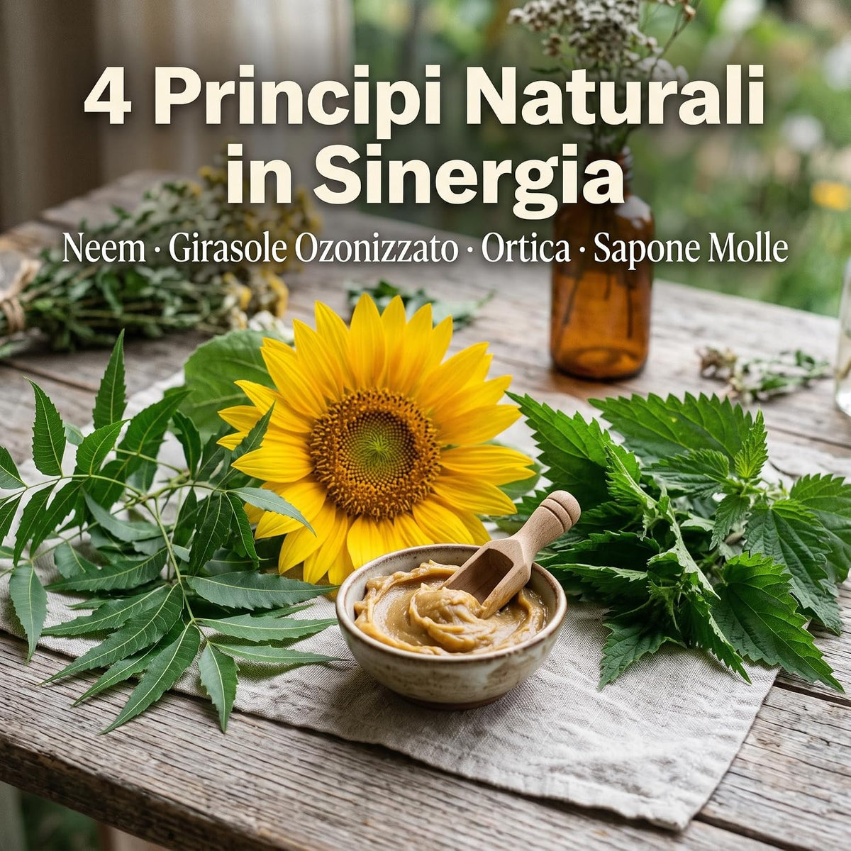 Ingredienti di Forza 4, corroborante naturale per piante con neem, girasole, ortica e sapone molle per la difesa dell'orto.